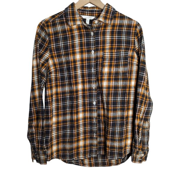 Garnet Hill Button Up Flannel Shirt Size 4 Small Black Yellow Plaid 100% Cotton - Picture 1 of 4